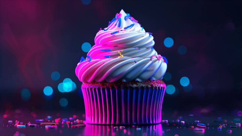 Colorful iced cupcake with a vibrant purple and blue swirl frosting, presented against a bokeh light background.