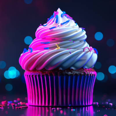 Colorful iced cupcake with a vibrant purple and blue swirl frosting, presented against a bokeh light background.