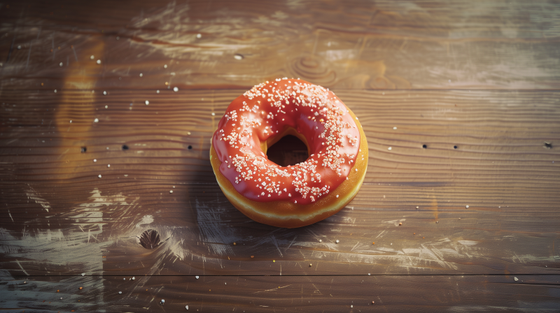 A strawberry frosted doughnut with sprinkles on a wooden surface.