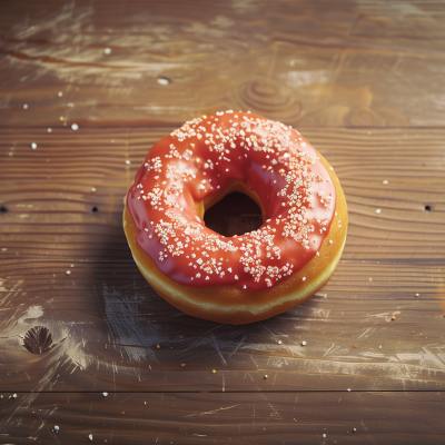 A strawberry frosted doughnut with sprinkles on a wooden surface.