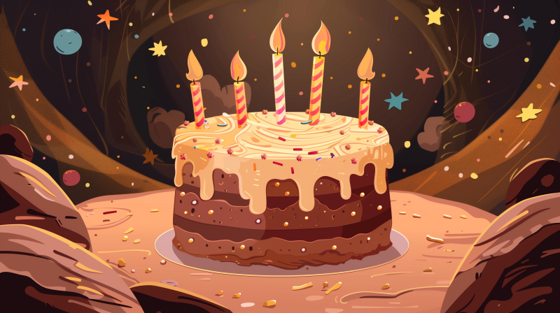 Illustration of a festive birthday cake with drippy icing and five lit candles on top, surrounded by a celebratory confetti-like setting.