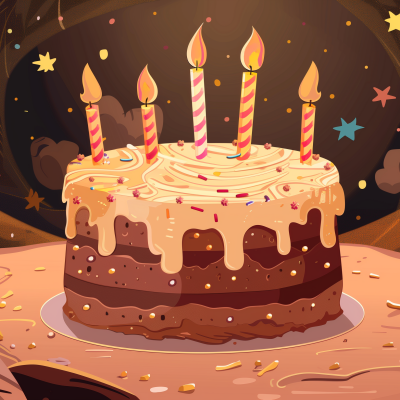 Illustration of a festive birthday cake with drippy icing and five lit candles on top, surrounded by a celebratory confetti-like setting.