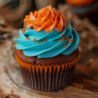 A delicious cupcake with vibrant blue and orange swirled frosting, garnished with sprinkles, presented in a brown cupcake liner.