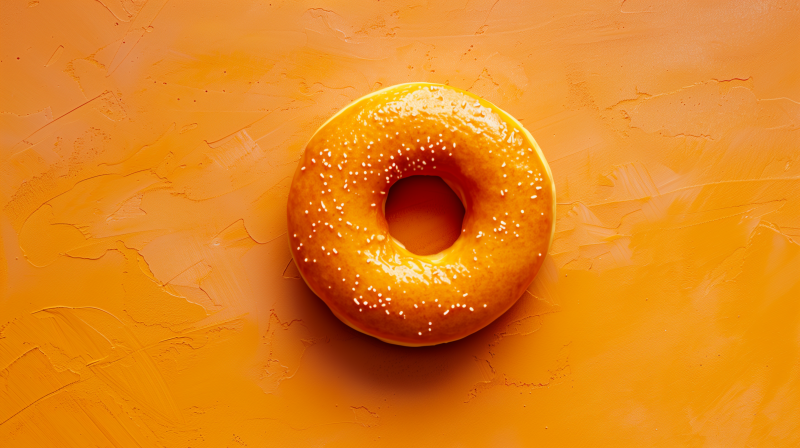 A glazed doughnut on an orange surface.