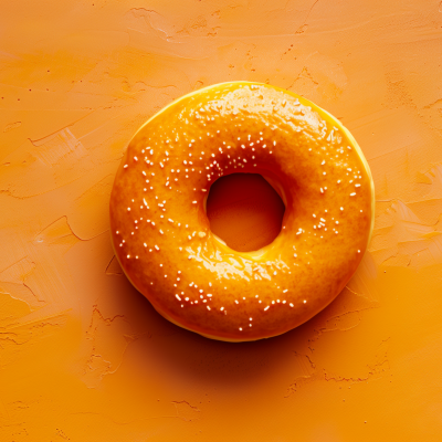 A glazed doughnut on an orange surface.