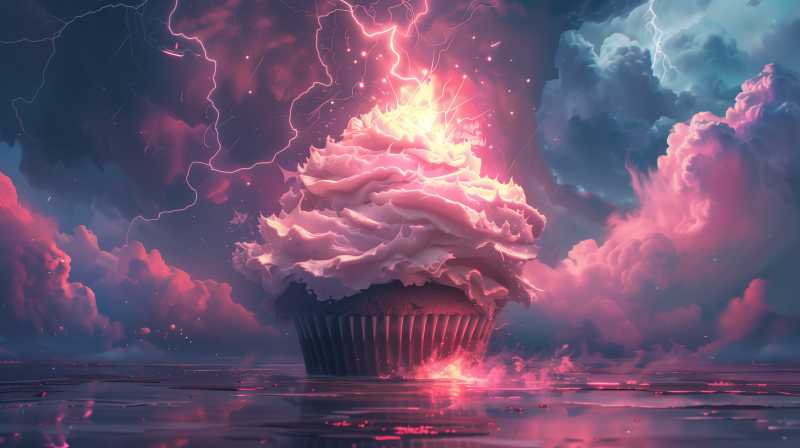 A digitally created image of a cupcake with a pink and white frosted top, set against a dramatic backdrop of a stormy pink and purple sky with lightning.