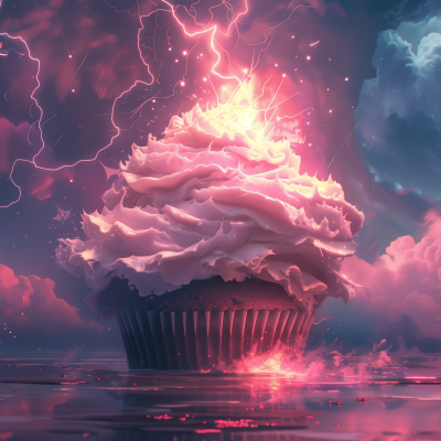 A digitally created image of a cupcake with a pink and white frosted top, set against a dramatic backdrop of a stormy pink and purple sky with lightning.