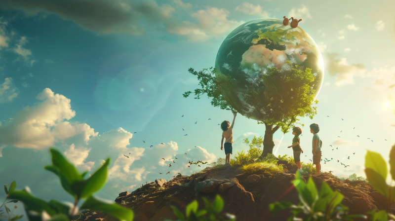 A whimsical representation of Earth Day with children looking up at a large globe growing on a tree, birds in the sky, and a lush landscape suggesting a healthy planet.