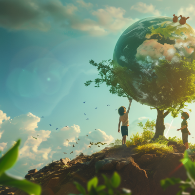 A whimsical representation of Earth Day with children looking up at a large globe growing on a tree, birds in the sky, and a lush landscape suggesting a healthy planet.