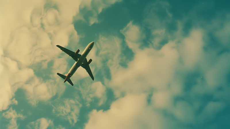 An airplane flying high in a sky dotted with clouds.