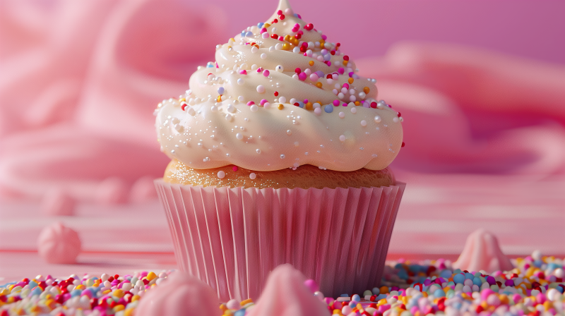 A frosted cupcake with colorful sprinkles set against a pink background.