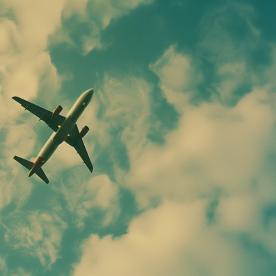 An airplane flying high in a sky dotted with clouds.