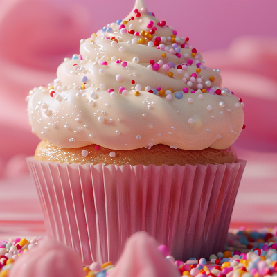 A frosted cupcake with colorful sprinkles set against a pink background.