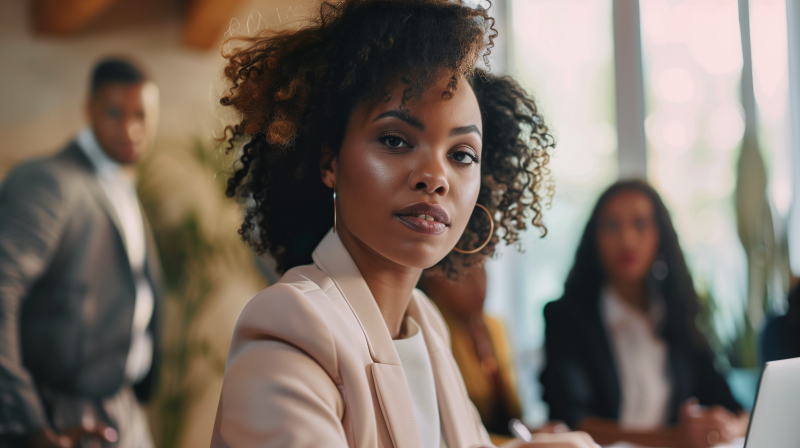 A professional woman with curly hair wearing a blazer at a business meeting.