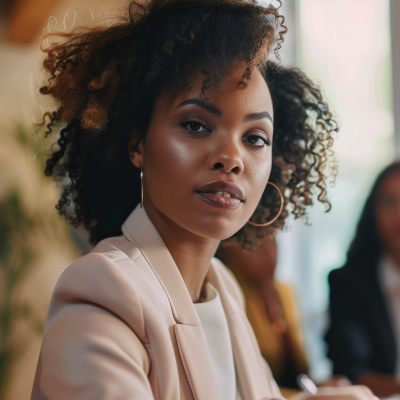 A professional woman with curly hair wearing a blazer at a business meeting.