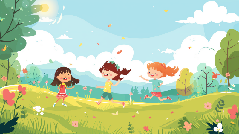 Three happy children playing and running together in a sunny, outdoor landscape with trees and flying leaves.