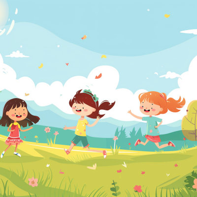 Three happy children playing and running together in a sunny, outdoor landscape with trees and flying leaves.