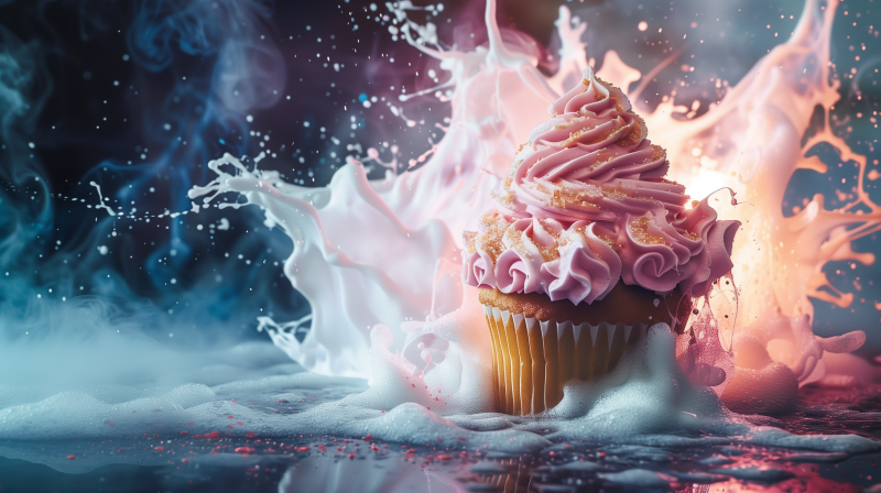 A delicious cupcake with pink frosting amidst a dynamic splash of milk, creating an artistic and appetizing dessert presentation.