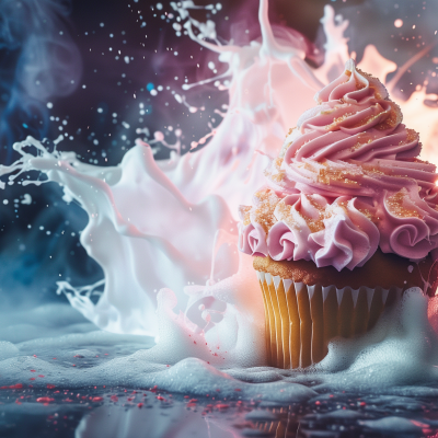 A delicious cupcake with pink frosting amidst a dynamic splash of milk, creating an artistic and appetizing dessert presentation.