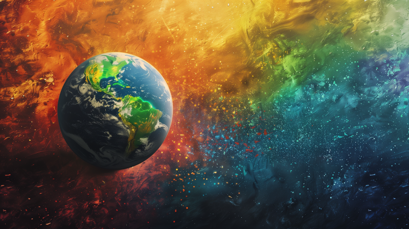 A vibrant depiction of Earth against a colorful, abstract background representing space with vivid orange, yellow, green, and blue hues.