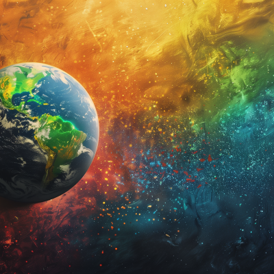 A vibrant depiction of Earth against a colorful, abstract background representing space with vivid orange, yellow, green, and blue hues.