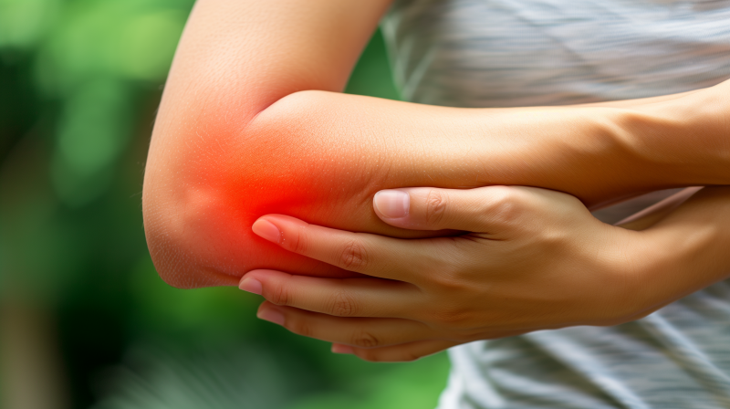 A person holding their elbow with a red highlight indicating pain in the joint area.