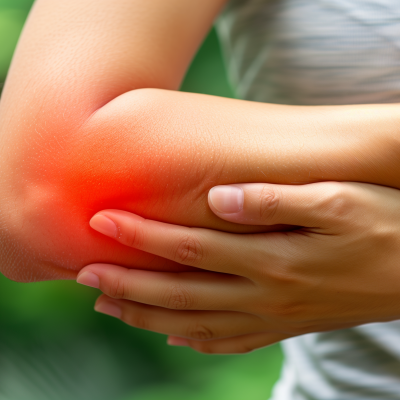 A person holding their elbow with a red highlight indicating pain in the joint area.