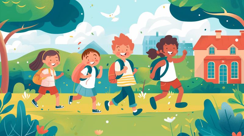 Illustration of happy kids with backpacks walking to school through a green field.