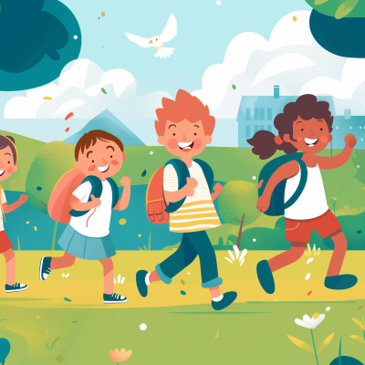 Illustration of happy kids with backpacks walking to school through a green field.