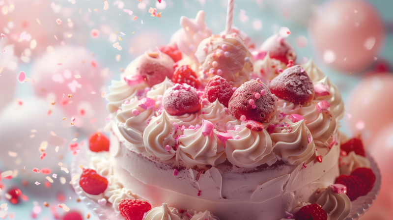 A richly decorated cake with frosting, topped with strawberries, whipped cream, and pink sprinkles.