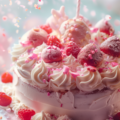 A richly decorated cake with frosting, topped with strawberries, whipped cream, and pink sprinkles.