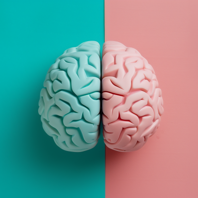 A conceptual image of a human brain split in two halves with one half colored blue and the other pink, set against a split background of matching colors.