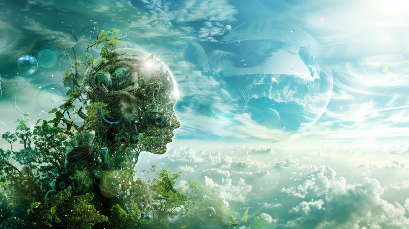 Digital artwork of a human profile merged with nature elements and futuristic sci-fi motifs against a background of clouds and a distant planet.