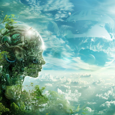 Digital artwork of a human profile merged with nature elements and futuristic sci-fi motifs against a background of clouds and a distant planet.