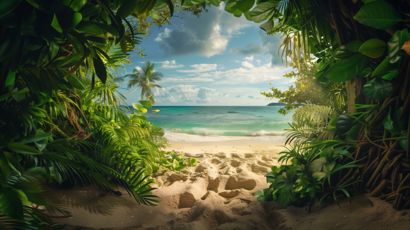 Idyllic tropical beach scene with lush green foliage framing a view of soft golden sand leading to clear blue ocean water under a sunny sky.