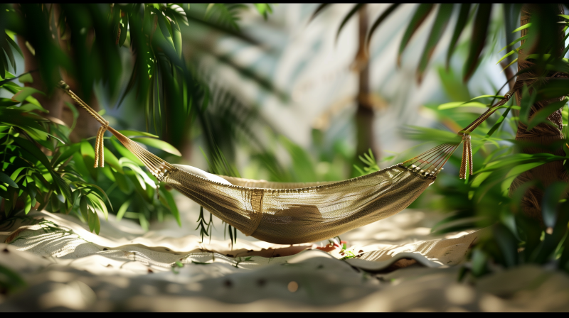 An empty hammock tied between palm trees, suggesting a relaxing scene on a sunny beach.