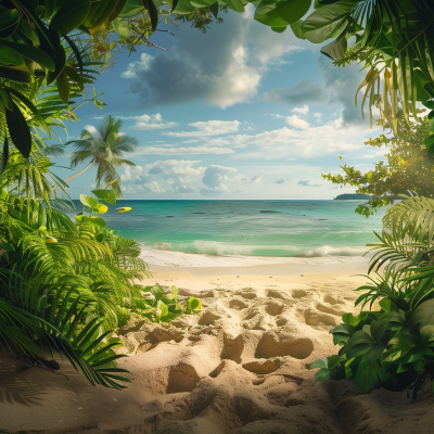 Idyllic tropical beach scene with lush green foliage framing a view of soft golden sand leading to clear blue ocean water under a sunny sky.