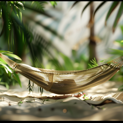 An empty hammock tied between palm trees, suggesting a relaxing scene on a sunny beach.