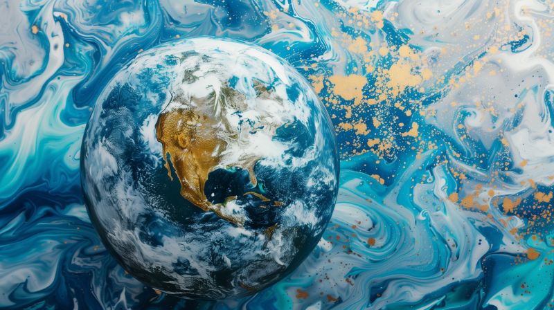 A stylized image of Earth as a globe, centered on Africa and Europe, set against a swirling pattern of blue and gold that mimics a cosmic or oceanic backdrop.