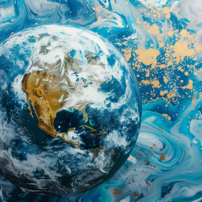 A stylized image of Earth as a globe, centered on Africa and Europe, set against a swirling pattern of blue and gold that mimics a cosmic or oceanic backdrop.