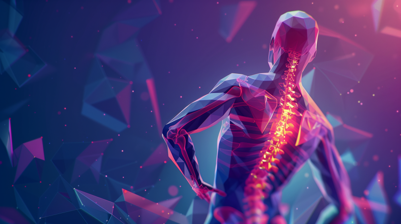 Digital illustration of a human figure with a highlighted spine, symbolizing back pain.