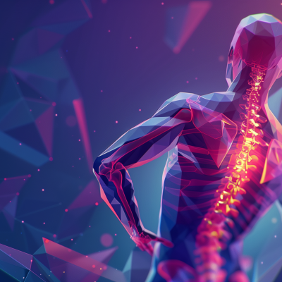 Digital illustration of a human figure with a highlighted spine, symbolizing back pain.