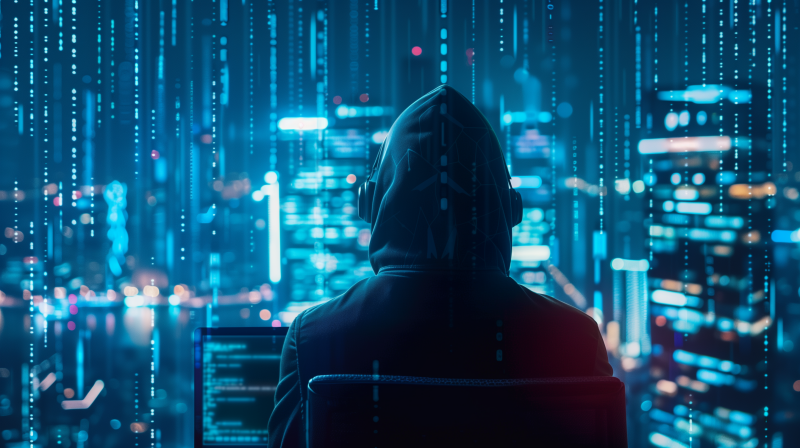 A person in a hooded jacket is sitting in front of a computer screen with lines of code, with a backdrop of blue digital cyberspace, representing a concept related to cybersecurity.