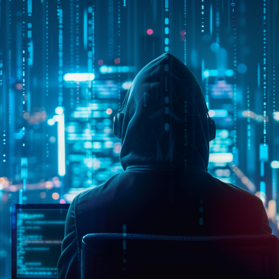 A person in a hooded jacket is sitting in front of a computer screen with lines of code, with a backdrop of blue digital cyberspace, representing a concept related to cybersecurity.