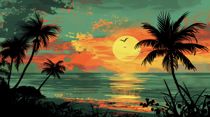 An ocean sunset with vivid orange and red sky, silhouetted palm trees, and a reflection of the sun on the water's surface.