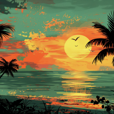 An ocean sunset with vivid orange and red sky, silhouetted palm trees, and a reflection of the sun on the water's surface.