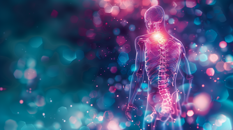 Illustration of a human skeleton with a highlighted area indicating back pain on a blue bokeh background.