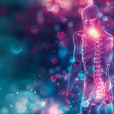 Illustration of a human skeleton with a highlighted area indicating back pain on a blue bokeh background.