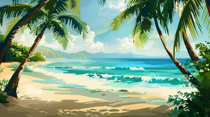 Illustration of a sunny beach with palm trees, clear blue skies, turquoise sea with waves, and distant mountains.