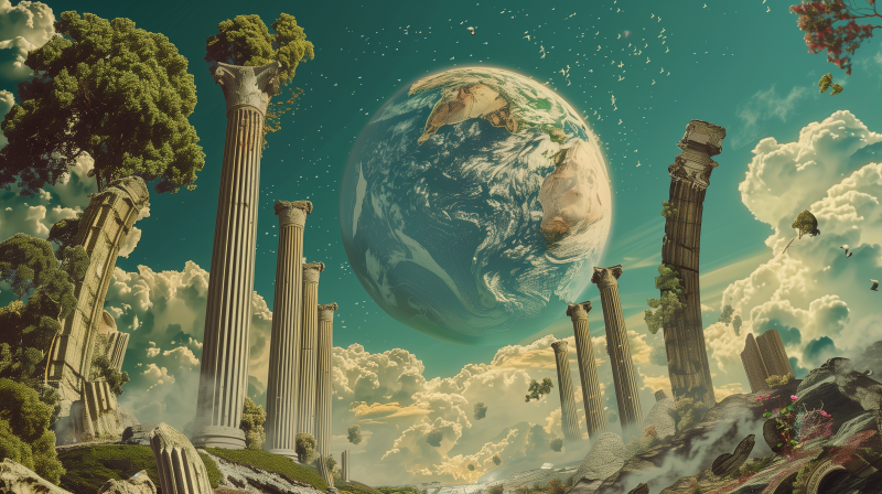 A surreal image depicting an oversized Earth globe floating above ancient column ruins under a serene, cloud-filled sky.